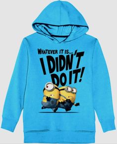 Please read before bidding/purchasing.  Bidding on (or purchasing) Item constitutes agreement to what is written in item description. Very old stock! You are Purcasing ONE New Child Long Sleeve Despicable Me 2 "Whatever it is..I DIDN'T DO IT!" Pullover Hoodie as shown in picture You choose the size. See below for measurements. NOTE: This is not a thick sweatshirt.  Please size accordingly. Hooded pullover  Long sleeves Graphic print on front Ribbed cuffs a Blue Hooded Sweatshirt With Character Print, Blue Hoodie With Character Print, Blue Hoodie Sweatshirt With Character Print, Blue Character Print Hoodie Sweatshirt, Playful Hoodie With Cartoon Print, Playful Cartoon Print Hoodie, Fun Cotton Hoodie With Cartoon Print, Playful Blue Hoodie Top, Playful Cotton Hoodie With Character Print