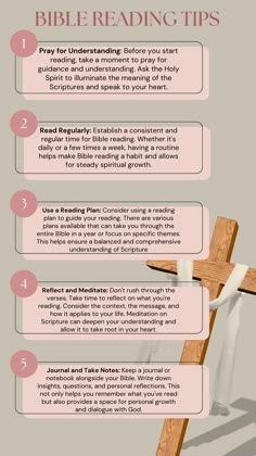 a cross with the words bible reading tips on it and an info sheet about how to use