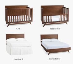 three cribs and a bed are shown in different positions