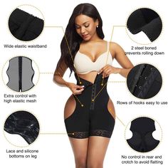 PLEASE CHECK SIZE CHART NO REFUNDS OR EXCHANGES FOR CORSETS/WAIST UNDERWEAR
This Black High Waist Open Butt Shapewear Shorts Compression Silhouette gives you all the control you desire. Step out each day with a smile - your curves are working for you now.

It Features:

1. Open butt design increases hip capacity;
2. Front hooks closure for convenient to wear;
3. Glue dripping at the foot opening to prevent curling;
4. One glue bone on both sides of the waist to prevent curling;
5. 3-layer fabric Shapewear Shorts, Thigh Slimmer, Waist Shapewear, Street Style Fall Outfits, Panty Style, Waist Trainer Corset, How To Stretch Boots, Style Fall, Black High Waist