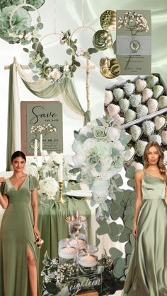 two women standing next to each other in front of a table with flowers and greenery