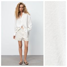 Nwt. Zara White Modal Blend Loose Shirt With Lapel Collar, Long Sleeves And Cuffs, Pleats At The Back, Side Slits On The Bottom, Button Closure On The Front. Size Xs. Ref. 3067/022. Pit To Pit 24,5" Flat, Shoulders 21", Sleeves 20,5", Length 30,5". 1064 Casual Short Blouse For Day Out, White Shirttail Hem Top For Spring, Casual Short Spring Shirt, Chic Summer Cotton Shirt, Casual Short Shirt For Spring, Chic Short Cotton Tops, White Relaxed Fit Short Top, Chic Short Tops With Relaxed Fit, Summer Cotton Blouse With Shirttail Hem