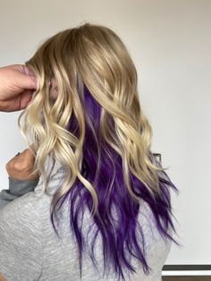 Fun Colors With Blonde Hair, Color Peekaboo Hair Blonde, Peekaboo Hair Color Long Hair, Peekaboo Color On Blonde Hair, Purple And Blonde Hair Color Ideas, Blonde Hair With Different Color Underneath, Colored Peekaboo Hair, Dark Purple Blonde Hair, Blonde Hair Color Ideas With Purple