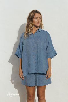 Linen Set, Linen Top, Chambray, Dress Up, Spring Summer, Blue, Clothes