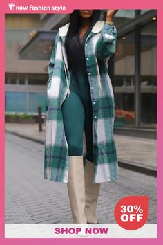 knowfashionstyle Green Plaid Hooded Longline Shacket Casual Streetwear Oversized Button-Down Maxi Coat Long Sleeve Fall Winter Jacket Plaid Coat Outfit, Flannel Coat, Perfect Winter Outfit, Best Winter Outfits, Fall Winter Jacket, Fall Attire, Coat Outfit, Stylish Coat, Maxi Coat