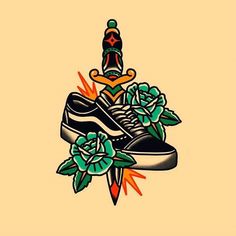 a pair of sneakers with flowers on the bottom and a tattoo style design above them