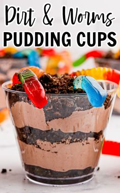 a bowl filled with dirt and worms pudding