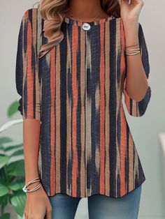 Zolucky offers stylish and concessional T-shirts.. SPU: 294AT-8O0EFF, Color: Red Brown, Material:Jersey, Pattern:Abstract stripes. Upscale Clothes, Jersey Pattern, Jersey Long Sleeve, Casual Spring, Neck Pattern, Red Brown, Spring And Fall, Fall Colors, Casual Women