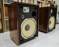 two bookshelves with speakers in front of them