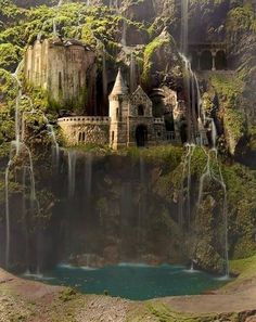 a castle in the middle of a waterfall