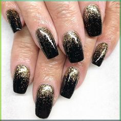 Black & Gold Nails Gold Black Nails Ideas, Black Nails With Gold Sparkles, Black Nails With Gold Glitter Ombre, Gold And Black Ombre Nails, Black And Gold Dipped Nails, Black And Gold Nails New Years, Black And Gold Shellac Nails, Black With Gold Sparkle Nails, Gold And Black Gel Nails