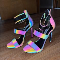 Iridescent Flash Heels From Steve Madden Bright Colors With Camera Flash Size 8 4” Never Worn Trendy Rainbow Heels With Round Toe, Trendy Rainbow Round Toe Heels, Rainbow Open Toe Heels For Party, Iridescent Round Toe Heels For Party, Iridescent High Heel Party Heels, Iridescent Open Toe Heels For Party, Iridescent Open Toe Heels For Spring, Iridescent High Heels For Summer, Spring Iridescent Pointed Toe Heels