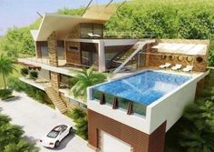 an artist's rendering of a house with a swimming pool in the middle of it