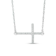 Pretty and meaningful, this faithful necklace reflects her deep devotion. Crafted in cool 10K white gold, this sideways cross sparkles with diamond accents. Polished to a bright shine, this faithful design is centered along an 18.0-inch rope chain that secures with a spring-ring clasp. Zales Zales, Sideways Cross Necklace, Engagement Ring Necklace, Diamond Cross Necklace, Cross Necklace Sideways, Enchanted Disney Fine Jewelry, Disney Fine Jewelry, Peoples Jewellers, Diamond Cross