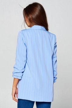 Sky Blue Pin Stripe Blazer – FASHBOP Summer Light Blue Long Sleeve Blazer, Blue Summer Blazer With Long Sleeves, Blue Long Sleeve Summer Blazer, Summer Blue Blazer, Pin Stripe Blazer, Stripe Blazer, Blazer Casual, Blue Pin, Pin Stripe