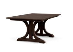 an outdoor dining table with a square top and two legs, made out of wood