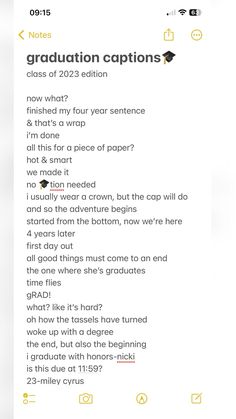 a screenshot of a text message with the words graduation captions in black and yellow