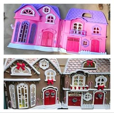 two pictures side by side of a pink and purple doll house with red doors, windows, and shutters