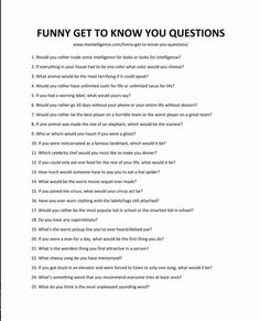 a question card with the words funny get to know you questions on it and an image of