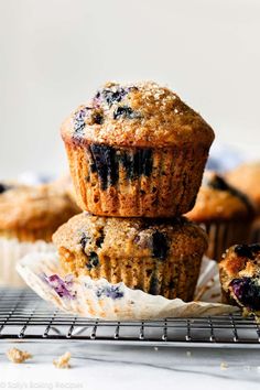 blueberry muffins stacked on top of each other