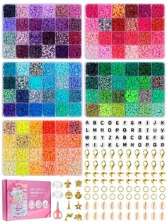 the kit includes many different colors and designs for making beaded bracelets, earring