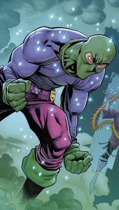 an image of a man in purple and green costume with his hands on his hips