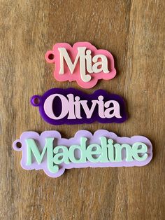 "Over 30 colors to choose from!! This listing is for a single bag tag/keychain. Perfect for backpacks, diaper bags and more!  Includes keychain cable. Keychain is cut from 1/8\" layers of acrylic and layered together. Font is retro style as shown in photos. Each keychain varies in length depending on name. Each is about 2-4\" long. See drop down menu for colors available for backing layer and name.  Please leave single name in personalization box." Customizable Cute School Keychains, Customized Pink Keychains, Cute Customizable School Keychains, Custom Name Pink Keychains For School, Cute Personalized Rectangular Keychains, Personalized Pink Keychains For Personal Use, White Custom Name Keychains For Personalized Gift, Personalized Fun Keychains, White Custom Name Keychain For Personalized Gift