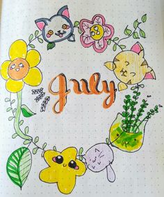 an open notebook with the word july written in it and some cartoon animals around it