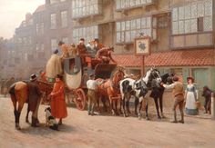 a group of people standing on the side of a road next to horses and carriages