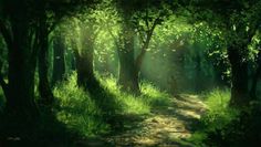 a painting of a path in the middle of a forest with sun shining through trees