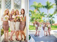 the bride and her bridesmaids are posing for pictures in front of palm trees