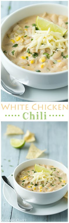 white chicken chili in a bowl with limes on the side and an image of it