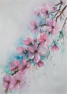 a painting of pink flowers on a white background