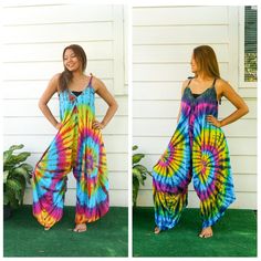 "Comfortable Tie Dye Hippie Jumpsuits Rompers Pants, Hippie Dress, Wide Legs Jumpsuits, Festival Clothings, Summer Clothing, Harem Dress, Beach Wear 👉One-of-a-kind hand dyed rompers 👉Fabric: 100% Soft and Breathable Rayon 👉Adjustable Tie shoulders 👉Boho/Hippie /Festival/Beach/Tropical/Fancy/UniqueTheme 👉Jumpsuit Length: 48\" 👉Straps Length: 19\" 👉Bust up to 55\" 👉Hip up to 60\" 👉 Tie Dye Method 👉The back is identical to front pattern 👉Flowy open legs 👉One Size Fits S-XL 👉Extremely c Bohemian Cotton Jumpsuits And Rompers With Relaxed Fit, Bohemian Relaxed Fit Overall Jumpsuit, Cotton Jumpsuits And Rompers For Summer Festivals, Bohemian Beach Overalls And Rompers, Bohemian Style Beach Jumpsuits And Rompers, Bohemian Beach Jumpsuits And Rompers, Bohemian Beach Jumpsuits, Hippie Summer Jumpsuits And Rompers For Vacation, Summer Vacation Hippie Jumpsuits And Rompers