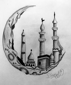 a drawing of a crescent with mosques in the background