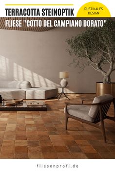 a living room filled with furniture and a tree in the middle of it's floor