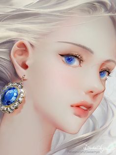 a digital painting of a woman with blue eyes and blonde hair wearing large gold earrings