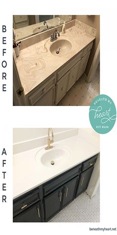 before and after photos of a bathroom vanity