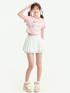 This cute and charming t-shirt features a lovely bunny design, making it a perfect addition to any kawaii or lolita wardrobe. The bowknot and flower detail add an extra touch of sweetness.  Please note that this product includes only one T-shirt.  Garment Size   	 		 			Size 			S 			M 			L 		 		 			Full Length 			37 			38.5 			40 		 		 			Bust 			77 			81 			85 		 		 			Shoulders 			33.5 			34.5 			35.5 		 		 			Sleeve Length 			15.5 			16 			16.5 		 		 			Hem Circumference 			70 			74 			78 Playful Spring Tops With Cute Design, Cute White T-shirt With Bunny Design, Cute Bow T-shirt For Spring, White Kawaii Tops For Spring, Cute White Top With Bow, Cute White Top With Bow Detail, Cute Pink Top With Bunny Print, Cute Pink Tops With Bunny Print, Cute Summer Top With Bunny Design