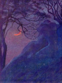 an image of a painting with trees and the moon in the sky above it on a purple background