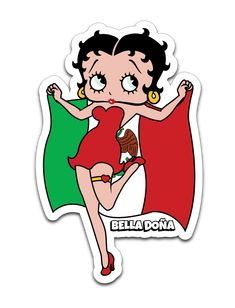 a sticker with a woman in a red dress holding a green flag and the words delta