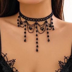 Black Crystal Water Drop Choker Necklace - SHExFAB Black Pearl Choker, Witch Costume Aesthetic, Black Choker Necklace, Crystal Water, Choker Style Necklace, Neck Choker, Witch Costume, Black Choker, Choker Style