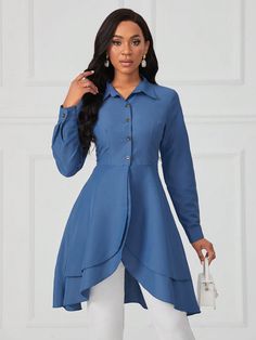 Blue Elegant Collar Long Sleeve Fabric Plain Shirt Embellished Non-Stretch  Women Clothing Affordable Long Sleeve Shirt With Button Closure, Cheap Chic Beige Shirt, Hem Blouse, Plain Shirt, Women Blouses, Plain Shirts, Asymmetrical Hem, Asymmetric Hem, Hijab Fashion