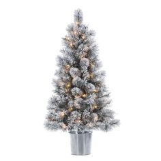 a silver potted christmas tree with white lights