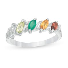 This mother's "S"-style ring can be personalized with two to six 5.0 x 2.5mm marquise-cut birthstones of your choosing. Sterling silver rings cannot be resized after purchase. Stackable Marquise Rings For Anniversary, Silver Marquise Three-stone Ring, Three Stone Marquise Jewelry As Gift, Marquise Three Stone Jewelry Gift, Marquise Cut Birthstone Jewelry For Anniversary, White Gold Marquise Birthstone Promise Ring, Marquise Three-stone Jewelry As A Gift, Marquise Cut Multi-stone Anniversary Rings, Anniversary Jewelry With Marquise Cut Birthstone