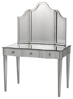 an antique style vanity with mirrored top and drawers on the bottom shelf is shown in this image