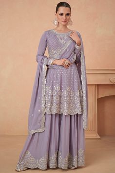 Elevate your function wear with our exquisite Readymade Palazzo Suit, crafted from luxurious Chinon fabric and adorned with intricate sequins work. Endorsed by the stunning Eugeniya Belousova, this ensemble captures the essence of sophistication and style. Lavender Anarkali, Sharara Suit Wedding, Pakistani Sharara Suit, Pakistani Sharara, Palazzo Suit, Sharara Suit, Desi Clothes, Party Kleidung, Heavy Embroidery