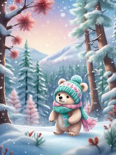 a painting of a teddy bear wearing a winter hat and scarf in a snowy forest