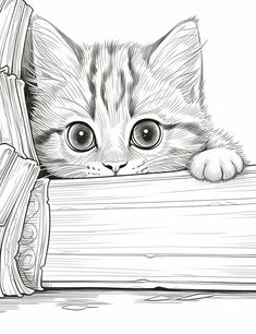 a drawing of a kitten peeking out from behind a piece of wood with its paw on the edge