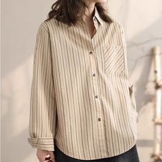 Details: Gender: Women Item Type: Blouse Material: Cotton Pattern Type: Stripe Season: Spring, Autumn Style: Leisure, Daily, Retro Occasion: Going Out, Daily Size: One Size Length: 64.00 cm/ 25.20 " Bust: 122.00 cm/ 48.03 " Shoulder: 44.00 cm/ 17.32 " Sleeve: 57.00 cm/ 22.44 " Spring Stripes, Blouse Material, Autumn Style, Loose Blouse, Luxembourg, Retro Outfits, Handmade Clothes, Latvia, Color Khaki